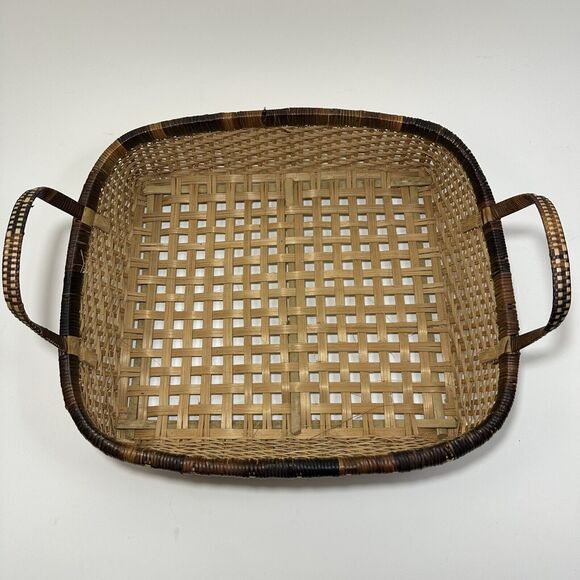Vintage Hand Woven Tobacco Basket - Bamboo Storage Rectangle With Handles - Picture 2 of 7